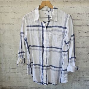 Gap Boyfriend Fit White Blue Plaid Linen Long Sleeve Button Up Shirt Medium